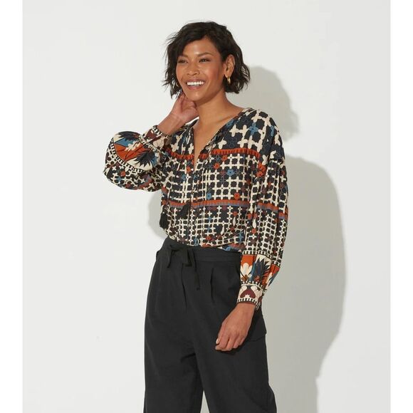 NWT Cleobella Edith Long Sleeve Blouse in Deco Black Blue Orange Cream Size S - Picture 2 of 13